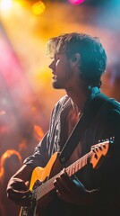 Obraz premium Guitarist playing electric guitar on stage during concert