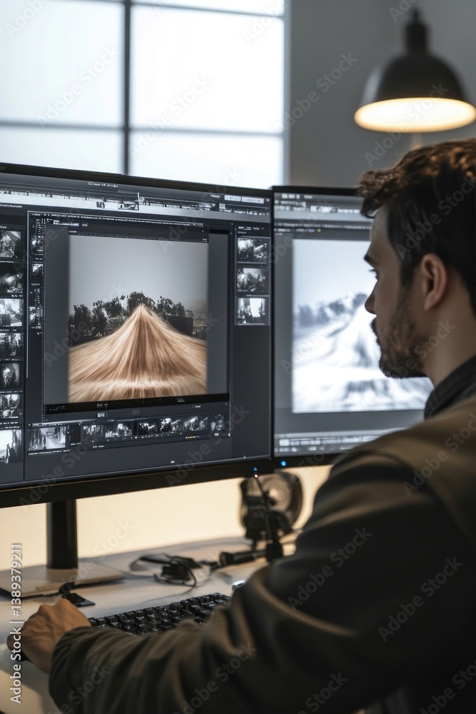 Poster video editor working on computer with two monitors editing a movie