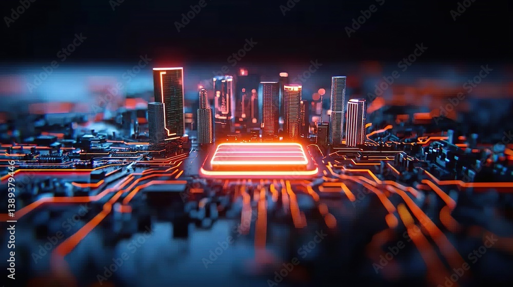 Poster futuristic cityscape with circuit patterns illuminated in vibrant colors.