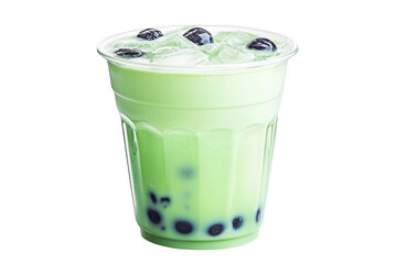 Isolated Green Bubble Tea Drink In Transparent Cup And Black Bubbles Photo