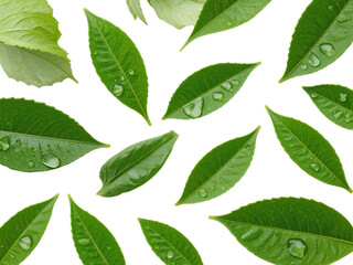 Fototapeta premium A set of vibrant green leaves with tiny dew droplets, isolated on a transparent background for eco-friendly and organic designs.