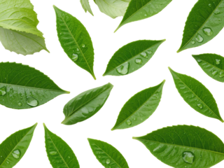 A set of vibrant green leaves with tiny dew droplets, isolated on a transparent background for eco-friendly and organic designs.