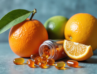 Vitamin C capsules spill beside fresh oranges and lime, showcasing a natural health concept.