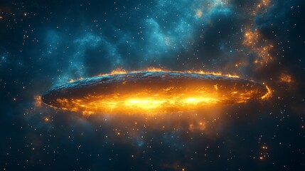 Celestial body blazing in cosmic backdrop, stars glittering in blue nebulous sky