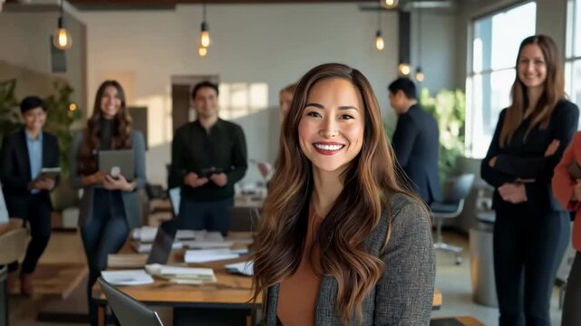 A smiling woman in gray blazer stands in foreground of modern office. Behind her, diverse group of colleagues work collaboratively. Natural light fills space, enhancing vibrant , inclusive atmosphere.