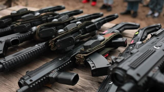Closeup view of military rifles with ammunition on table in tactical setup, weaponry concept