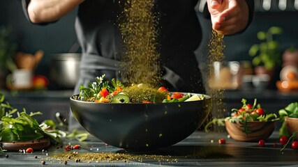 A cook prepares a colorful vegetable salad with fresh herbs in a modern kitchen, showcasing vibrant ingredients and careful technique