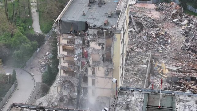 Aerial View of Destroyed Building Close Up Ruins and Rubble Urban Disaster