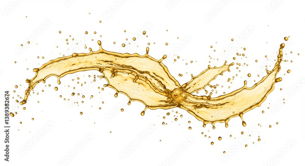 Poster golden oil splash: perfect for print and web design - dynamic golden liquid splash, isolated on whit