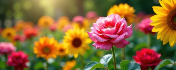 A colorful garden rotates on a mobile device, showcasing blooming roses and sunflowers with delicate petals , rotating blooms, blooming blossoms, colorful gardens