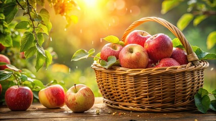A wicker basket overflowing with ripe, red apples, nestled amidst vibrant green leaves, bathed in the warm glow of sunlight, a picturesque autumn harvest scene.
