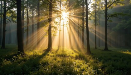 Obraz premium A serene forest scene with sunlight streaming through trees, creating a tranquil atmosphere in nature's beauty., 3D render