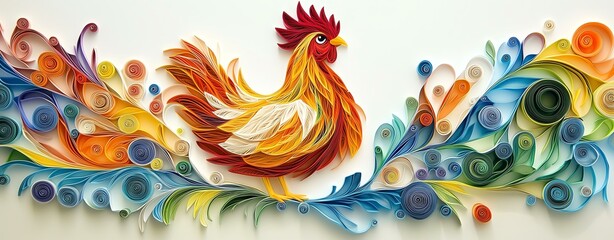 Obraz premium Colorful rooster with decorative, swirling patterns.