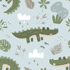 Vector seamless pattern with cute crocodiles