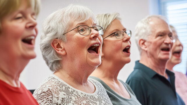 Senior choir singing with open mouths during rehearsal