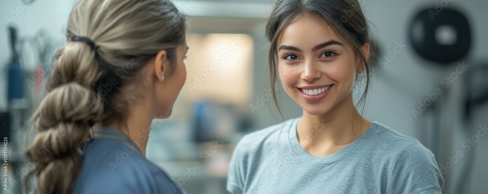 Aufkleber smiling individual in a friendly interaction within a professional workspace