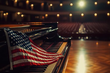 American flag draped over grand piano in concert hall. Memorial Day wallpaper, Independence Day background, Veteran's Day poster, patriotic banner