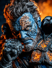 Powerful fantasy being with blue textured skin, glowing eyes, a raven, and fiery armor details.