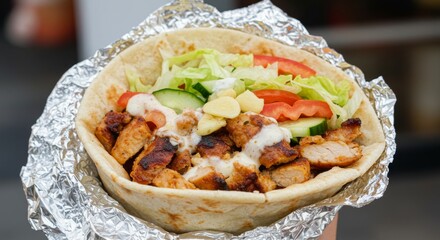 Grilled Chicken and Vegetable Shawarma Wrap in Foil - Delicious grilled chicken shawarma wrap filled with fresh vegetables, creamy sauce, and herbs. A perfect quick and healthy meal. Savory