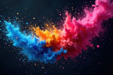 Fototapeta premium Colored powder swirls in air on dark background, sparks, colors, dark