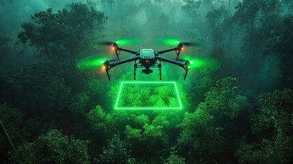 A drone soaring above a dense forest, emitting vibrant green laser beams from its body to create an illuminated square filled with vivid colors, harmoniously integrated with the surrounding lush trees