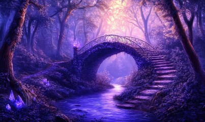 Fototapeta premium Enchanting purple forest bridge, mystical stream, fantasy background, ideal for game design