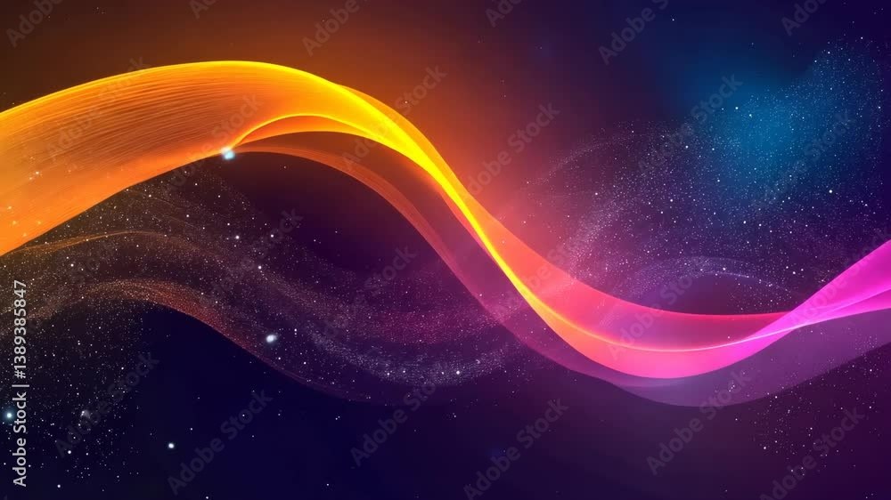 Poster abstract flowing colorful light streaks against a dark starry background with glowing particle effec