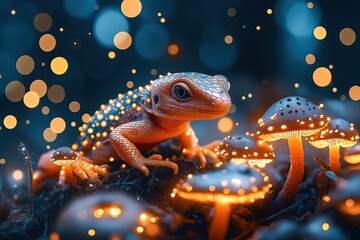 Bioluminescent Gecko Surrounded by Glowing Mushrooms at Night