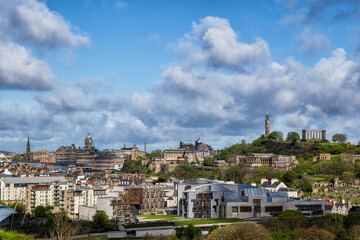 Edinburgh Skyline With Calton Hill And Parliament In Scotland