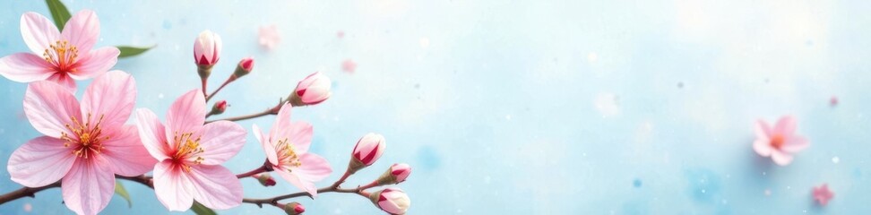 Naklejka premium Delicate watercolor blooms on pale blue background , soft, watercolor