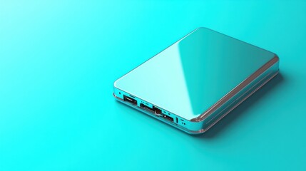 A glossy external hard disk with no markings, placed on a plain soft turquoise background