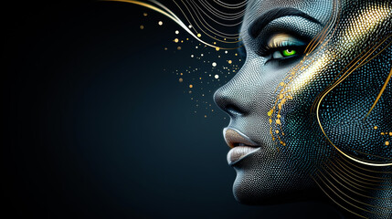 Elegant beauty portrait of a woman in profile with intricate dark textured skin, gold accents, and a striking green eye.