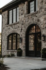 Obraz premium Elegant stone house exterior featuring arched windows and a welcoming entrance surrounded by greenery in a serene suburban setting during the late afternoon light