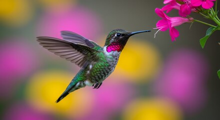 Fototapeta premium Hummingbird Feeding on Pink Flower - A vibrant hummingbird hovers near a bright pink flower, wings outstretched, in a blurred background of colorful blossoms