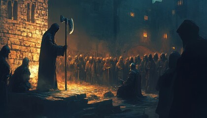 Mysterious gathering in a medieval city square, complete with a menacing executioner and shrouded onlookers