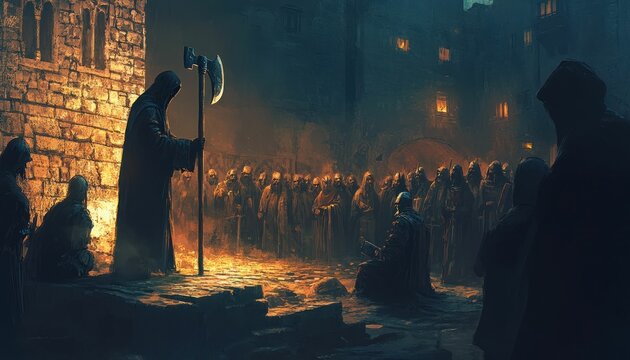 Mysterious gathering in a medieval city square, complete with a menacing executioner and shrouded onlookers