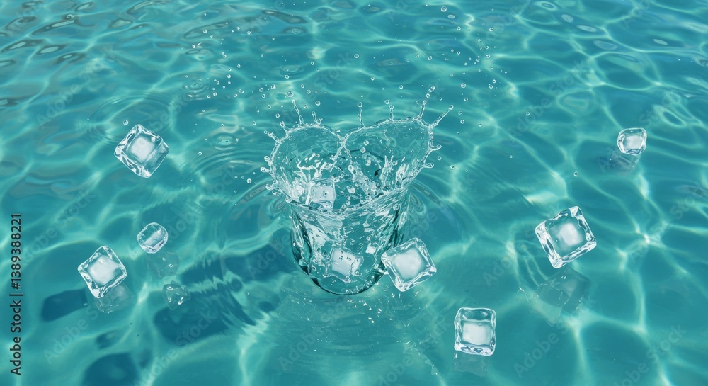 Aufkleber ice cubes splashing in teal water - refreshing of ice cubes splashing into cool teal water, creating