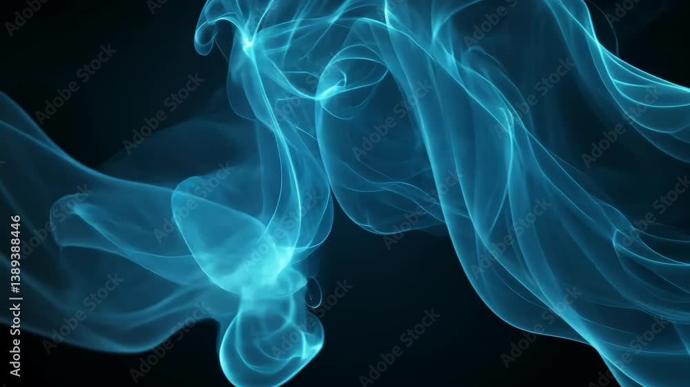 Poster elegant flowing abstract blue ethereal forms undulate on a solid black background creating dynamic, 
