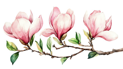 Fototapeta premium Pink Magnolia Blossoms Watercolor Painting on Branch, PNG