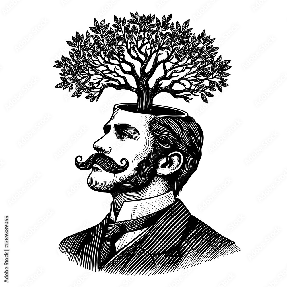 Poster man in a suit with a tree growing from his open head, symbolizing knowledge and growth sketch engrav