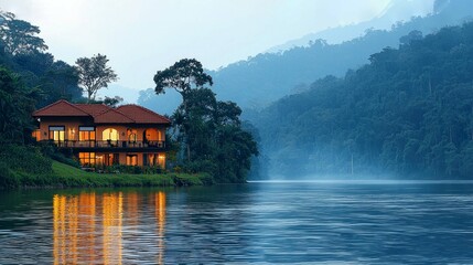 Fototapeta premium Luxury Lake House: Breathtaking Landscape at Dusk