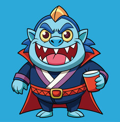 Fototapeta premium Funny Vampire Cartoon Character With Cup Against Blue Background Illustration