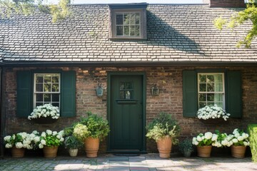 Charming brick cottage with green shutters and flower pots in a serene garden setting during a sunny day in a quaint neighborhood