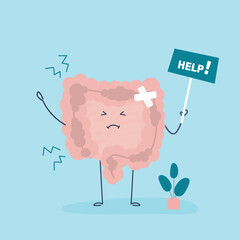 Sad suffering sick cute human intestines, internal organ asks for help. Hurt intestines character with bandage. Sad and sick part of belly or internal human organ