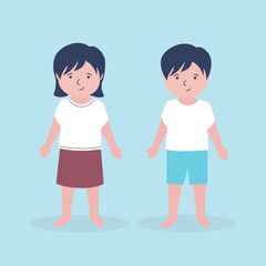 Two little kids standing pose children. Group of kids, friends. Set of preschool children - caucasian boy and girl.