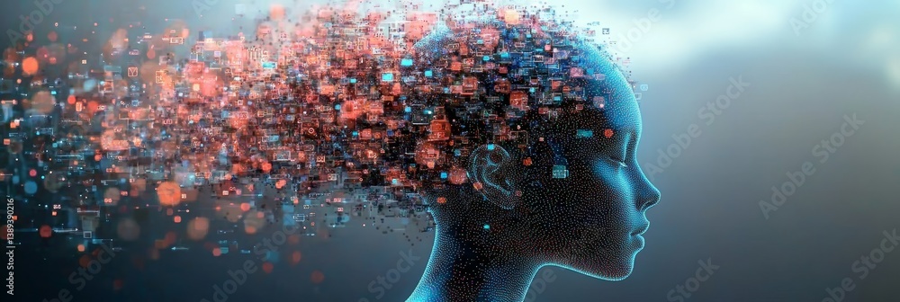 Aufkleber artificial intelligence. the digital profile is formed from polygons , technology of digital data.