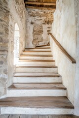 A beautifully crafted staircase ascends to the upper level of a charming rustic stone building, featuring whitewashed walls and elegant wooden accents, all bathed in the warm glow of daylight