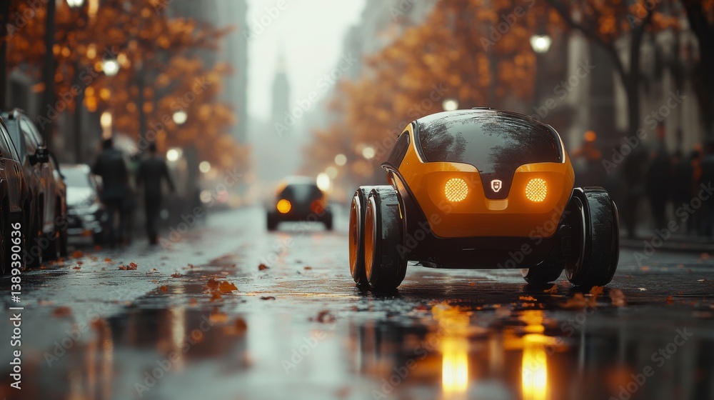 Poster autonomous delivery robots move along a wet city street adorned with fallen leaves and illuminated b