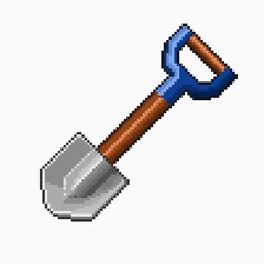 Pixel art illustration of a small shovel with a brown handle, blue grip, and metallic blade, for use in games, gardening-themed content, digital designs, icons. Isolated on a white background.