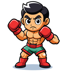 Obraz premium Cartoon Boxer Ready To Fight In Red Boxing Gloves And Green Shorts